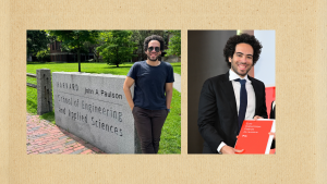 Photo of Abdallah in front of the Harvard School of Engineering and Applied Sciences sign; photo of Abdallah holding up his EPFL prize and smiling onstage, wearing a suit.