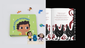 The Litter Mystery book on the left; an open page of the book on Zar on the right